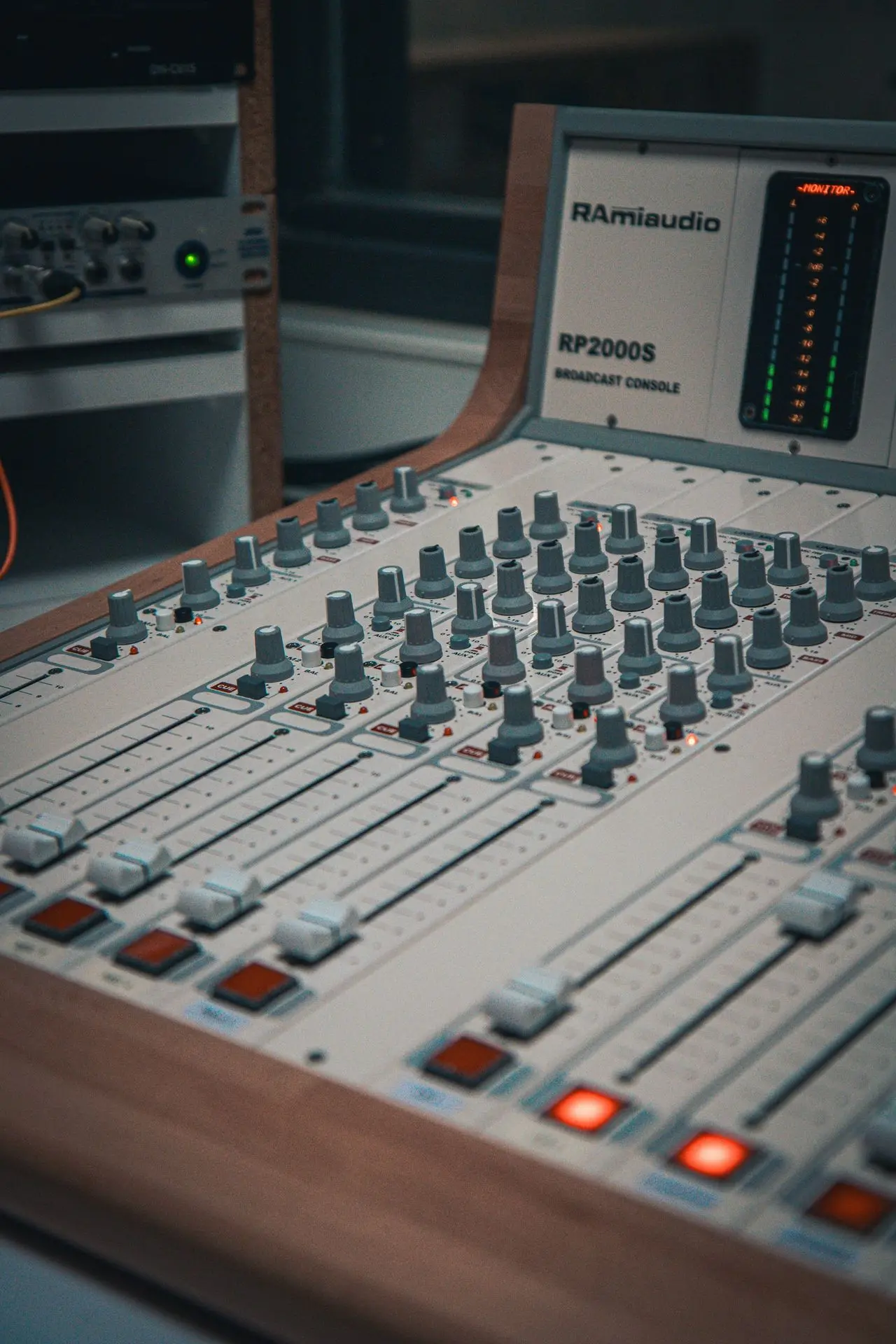 A sound mixing console in a recording studio